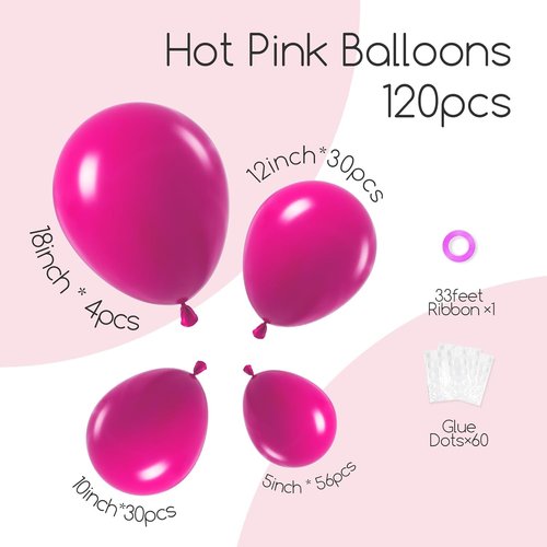 Awenztech Hot Pink Balloon Arch Kit - 120 Pcs of Latex Balloons in Various Sizes for Party Decor