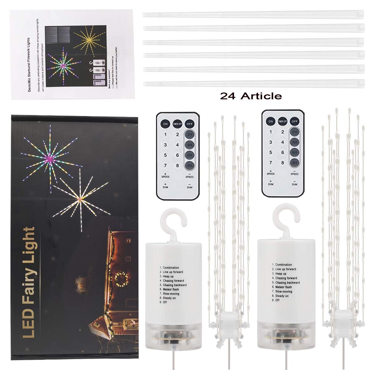 Tiandirenhe 2 Pack 224 LED Hanging Starburst Light, Firework Fairy Starburst String Lights Hanging Star Lights with Remote, 8 Lighting Modes Operated, Starry Light for Garden Party Christmas(Yellow)