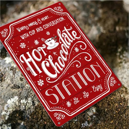 Red Hot Cocoa Bar Sign - 8x12 inch Christmas Tin Metal Decor