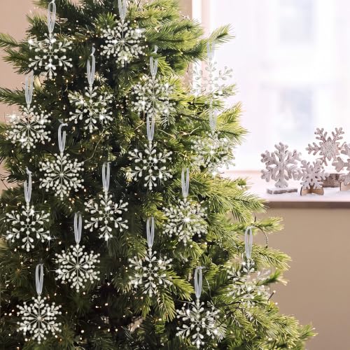 Wavyknot 16-Pack Crystal Snowflake Christmas Ornaments with Ribbons