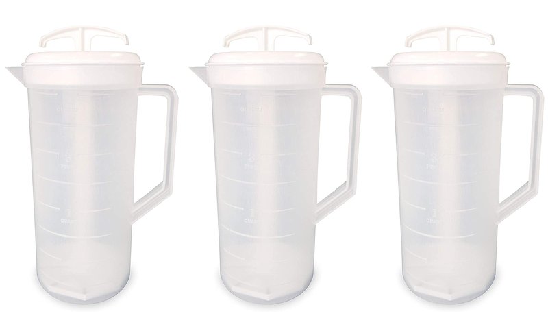 JBK Pottery 2-Quart White Mixing Pitcher with Plunger – BPA-Free Plastic Pitcher for Juice, Milk, Shakes, Tea & More – Dishwasher-Safe, Spill-Proof Lid, Set of 3