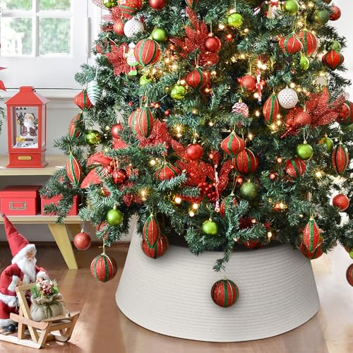 28 Inch White Christmas Tree Collar - Modern Cotton Rope Tree Ring for 6-7.5 ft Stands