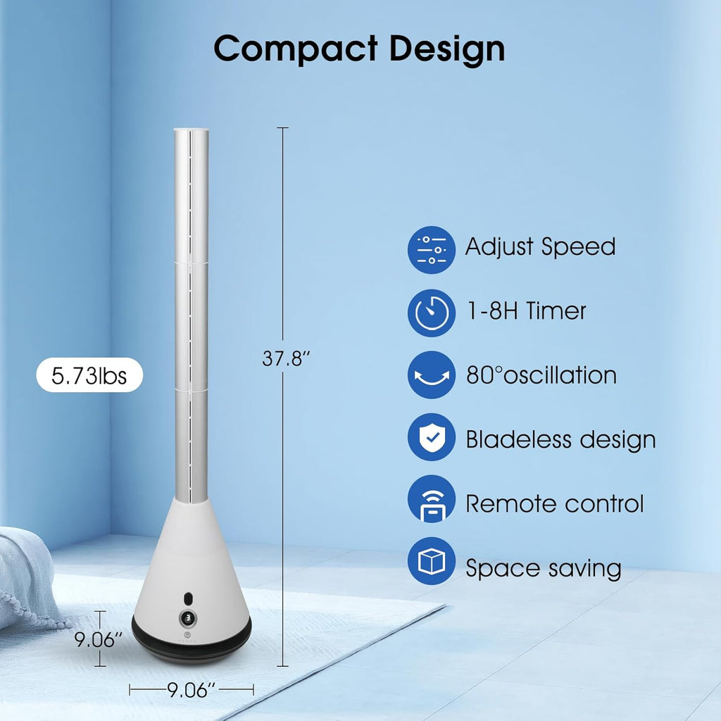 Skiennix Bladeless Tower Fan - 80° Oscillation, 9 Speeds & Remote Control | Ideal for Home & Office