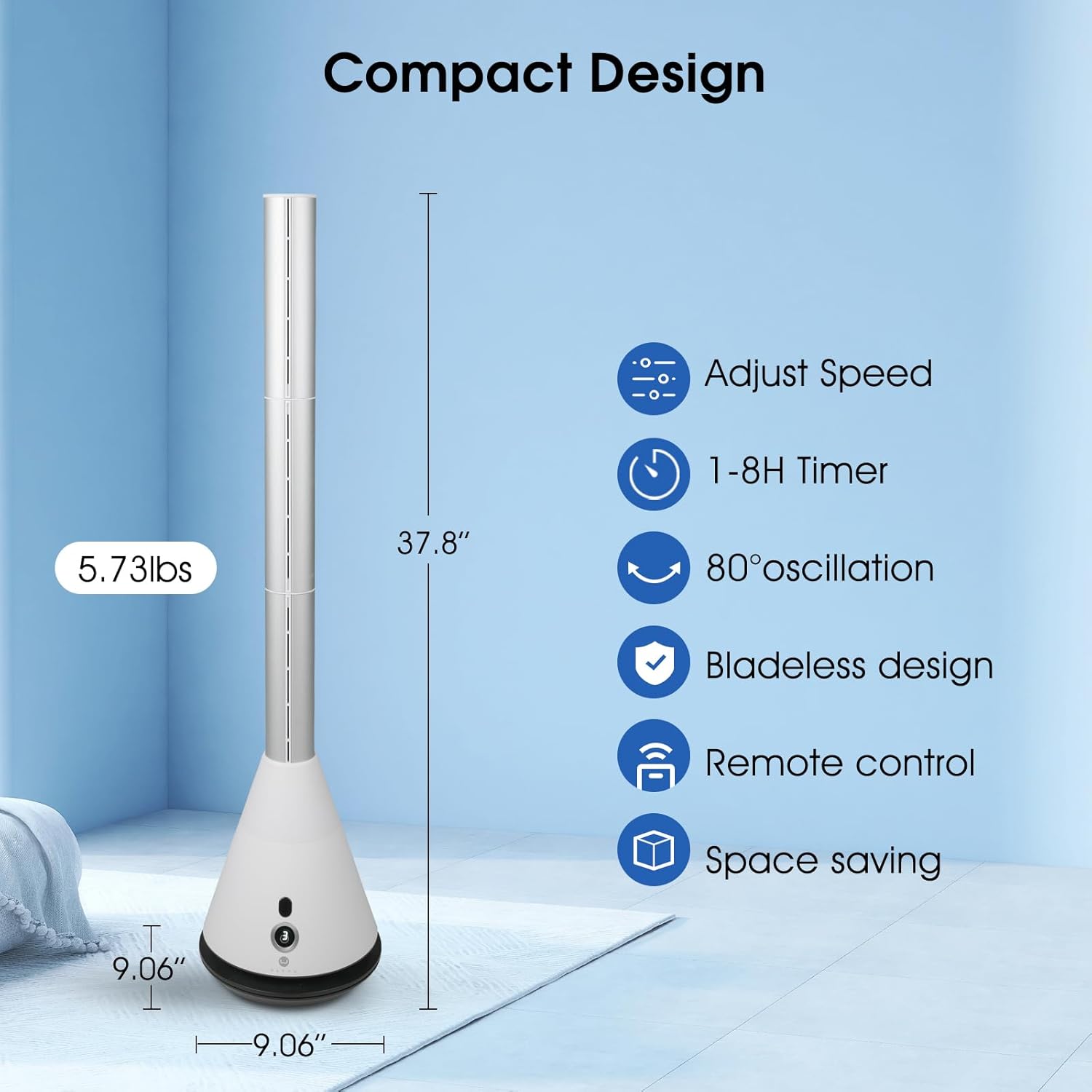 Skiennix Bladeless Tower Fan - 80° Oscillation, 9 Speeds & Remote Control | Ideal for Home & Office