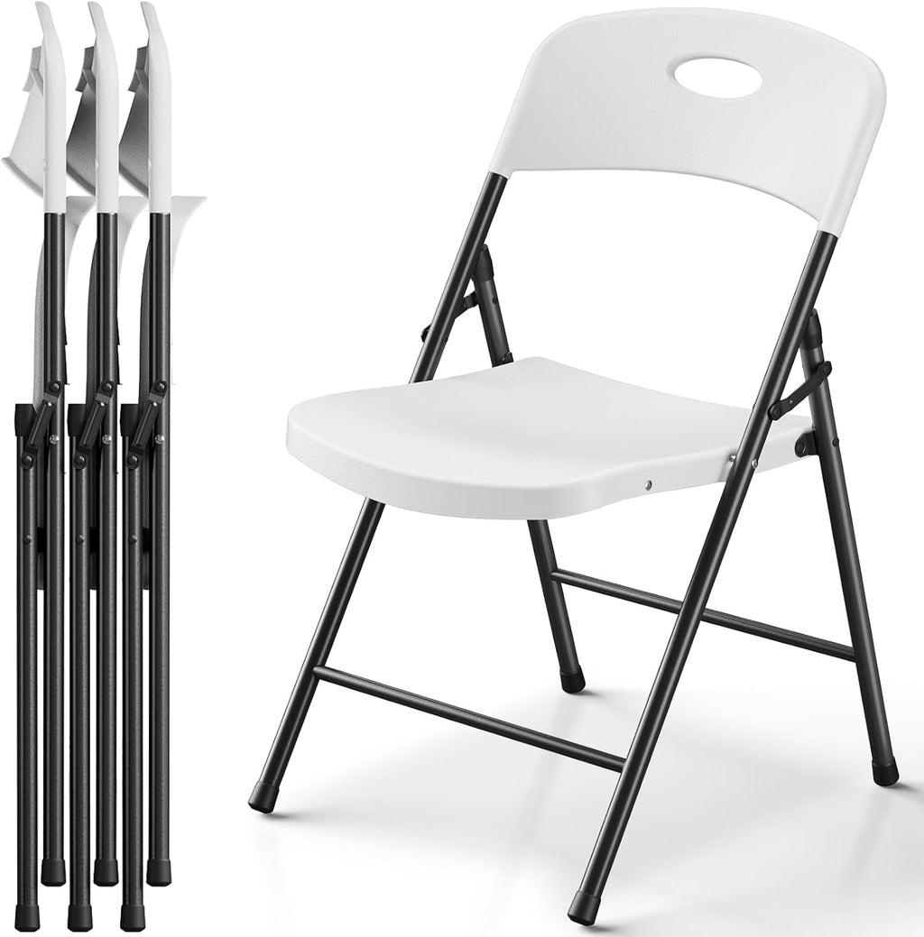 Plastic Folding Chairs 4 Pack - Sturdy Metal Outdoor Seating | Heavy Duty 350 lbs Capacity, White