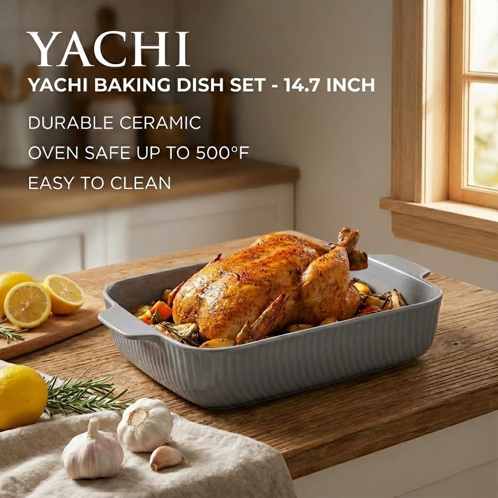 Yachi Ceramic Casserole Dishes - Set of 3 Rectangular Bakeware with Handles | Oven & Microwave Safe Gray (14.8''/12.7''/9.8'')