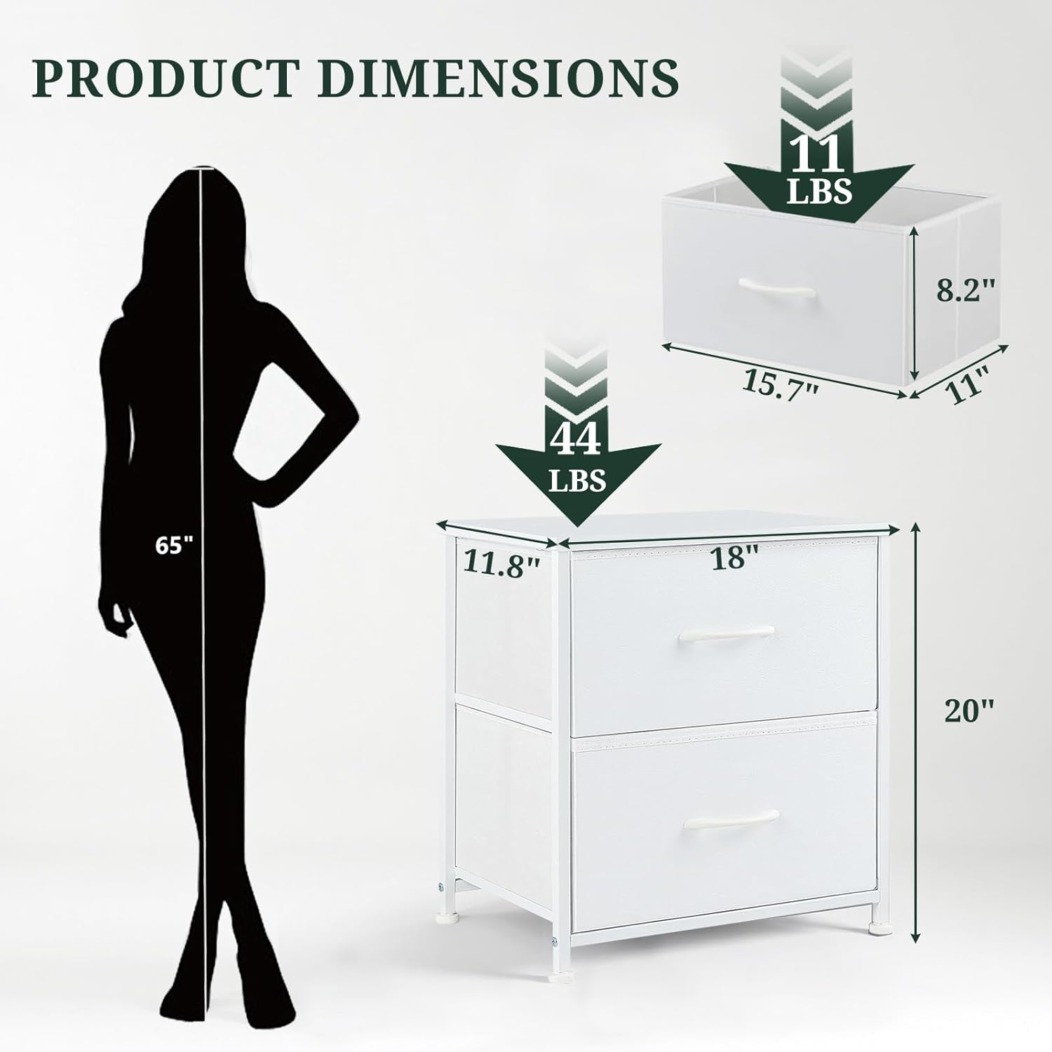 Regine Switzerland Nightstand - Small 2 Drawer Dresser with Wooden Top & Fabric Bins | White, 11.8" D x 18" W x 20" H
