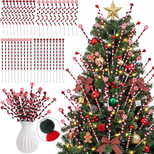 Flocked Christmas Candy Cane Tree Picks - 40 Pcs Red Green White Holiday Ornaments