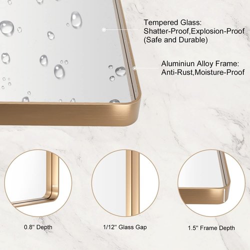 LOAAO Gold Bathroom Mirror - 28”X36” Rounded Rectangle Design | Anti-Rust Tempered Glass, Wall-Mounted