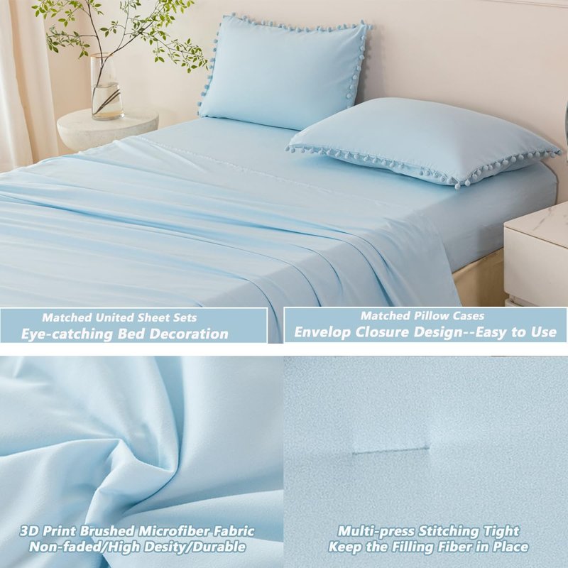 PERFEMET 5 Pieces Full Bed in A Bag Light Blue Pom Pom Bedding Set for Girls Boys Soft Fluffy Boho Solid Bedding Comforter Set with Sheets(Light Blue, Full)