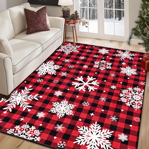 FRAMICS Christmas Area Rug 3x5 ft Red Snowflake Buffalo Plaid Non Slip Washable for Living Room, Bedroom, Kitchen