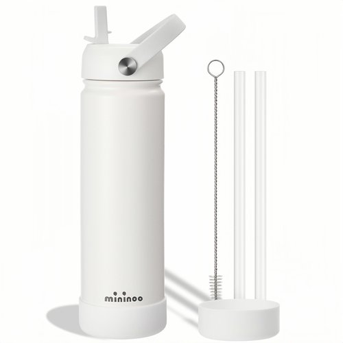 mininoo Insulated Stainless Steel Water Bottle with Straw, BPA-Free & Leak-Proof, 24 oz, White