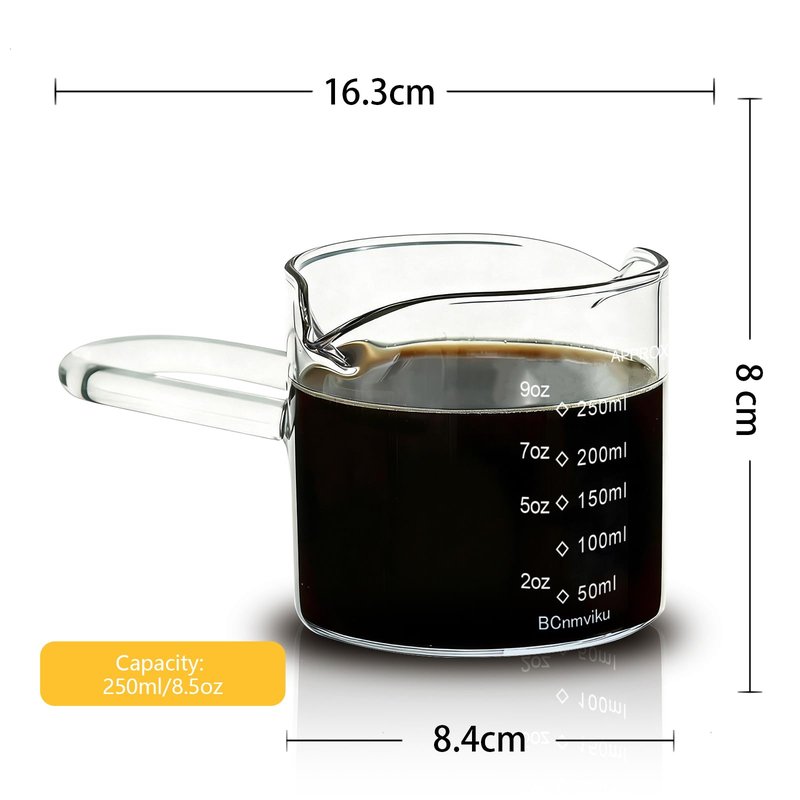 BCnmviku 250ML/8.5OZ Espresso Glass Measuring Cup Triple Pitcher Milk Cup Espresso Cups with U-shape Handle Espresso Shot Glass with V-Shaped Mouth Clear Accessories Milk Frothing Pitcher (1)