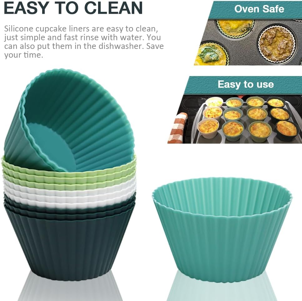 Skiennix Extra Large Silicone Muffin Cups - 12 Pcs Reusable Jumbo Baking Liners | 3.54 Inch, Easy to Clean, Green & White