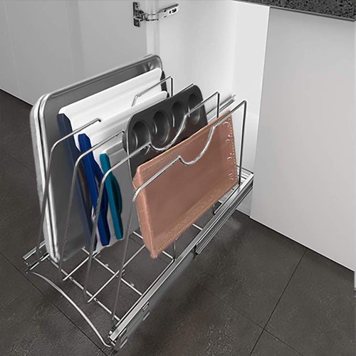 STORKING Pull Out Cookie Sheet Organizer for Cabinet, Pan and Pot Rack, Cutting Board Organizer Rack, Baking Tray Organizer for Cabinet, Adjustable Divider Width, 11" W x 22" D x 11.8" H, Chrome