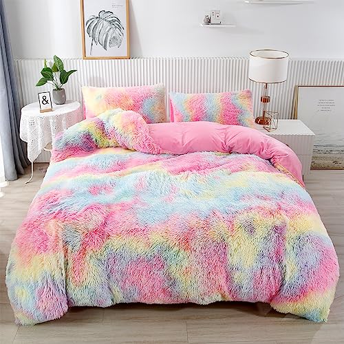 Rainbow Tie-Dye Faux Fur Twin Comforter Set, 3-Piece Fluffy Bedding