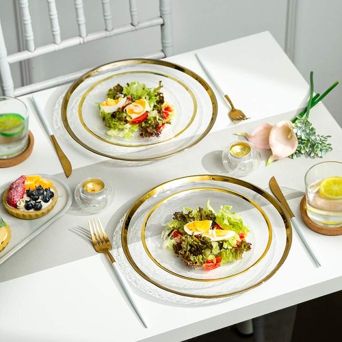 NUPTIO Charger Dinner Plates Set: Glass Gold Rim Chargers Under Plate 2PCS Clear Tray Round Salad Dish for Dining Wedding Party Christmas Reception Banquet Event Dessert Table Decoration 7.8 10 Inch