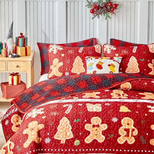 UOZZI BEDDING Christmas Quilt Set Red Stripes with Gingerbread Men, Gingham Reversible King