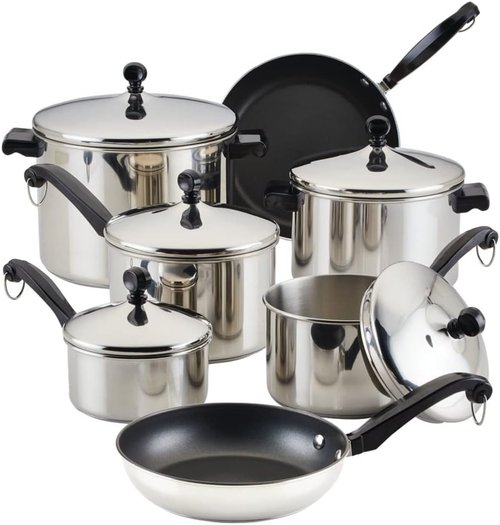 Farberware Classic Stainless Steel Cookware Set - 15-Piece Pots & Pans - Durable & Stylish Silver Finish