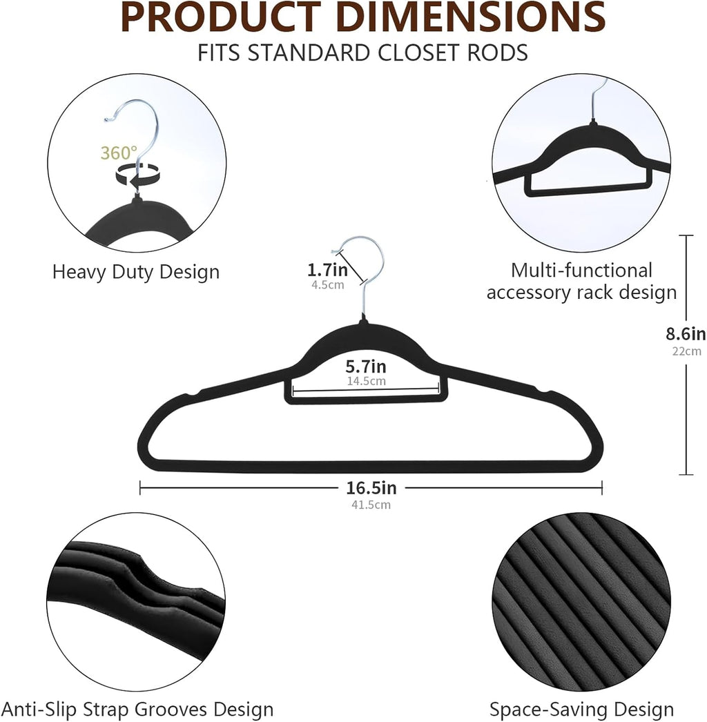 Skiennix 50-Pack Slim Velvet Hangers - Heavy-Duty Non-Slip Design with 360° Rotating Silver Hook | Black