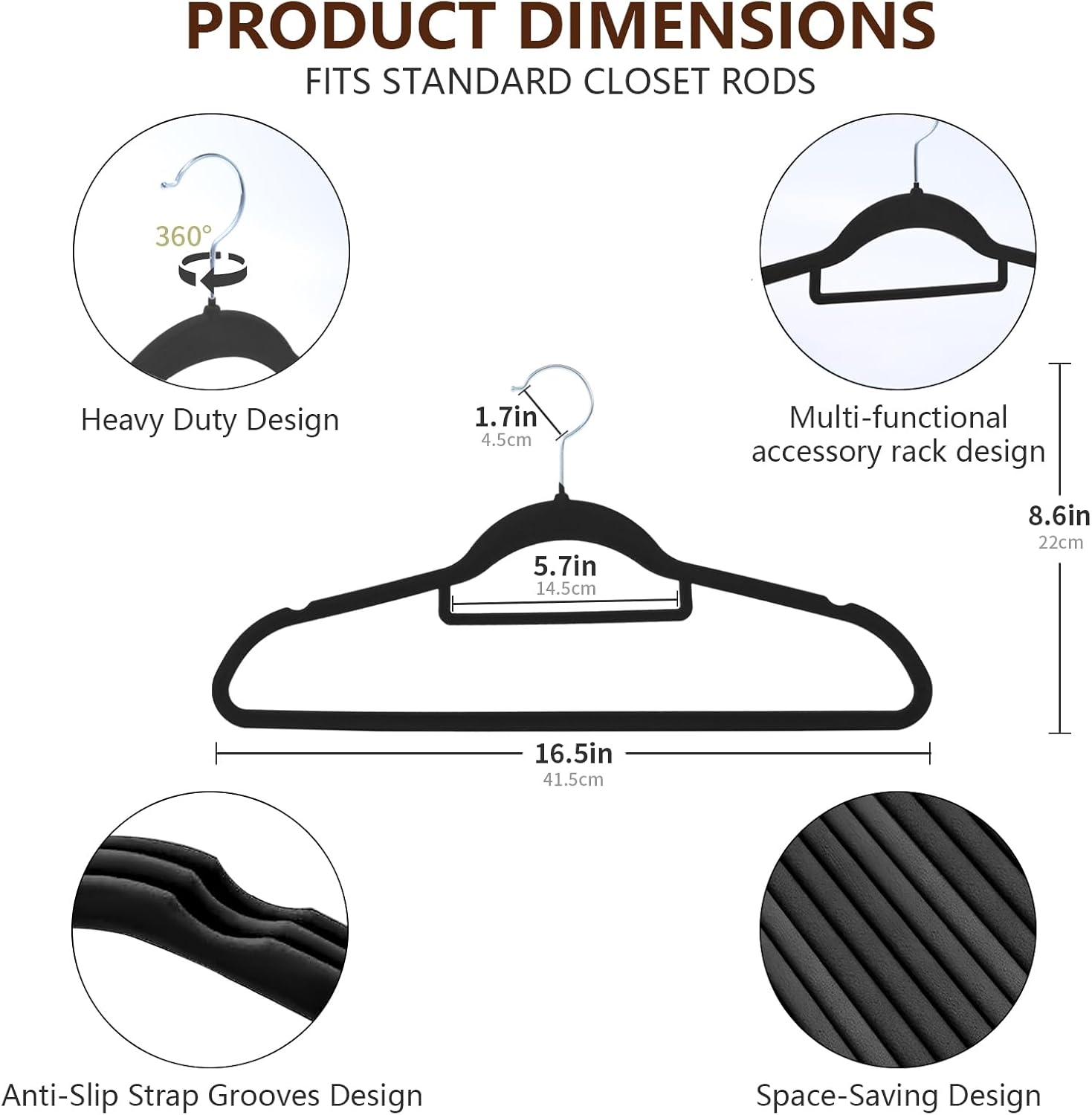Skiennix 50-Pack Slim Velvet Hangers - Heavy-Duty Non-Slip Design with 360° Rotating Silver Hook | Black