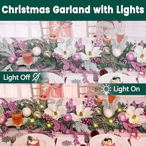 2Pcs Pink Christmas Garland with Lights & Magnolia Flowers - 6Ft Holiday Decor