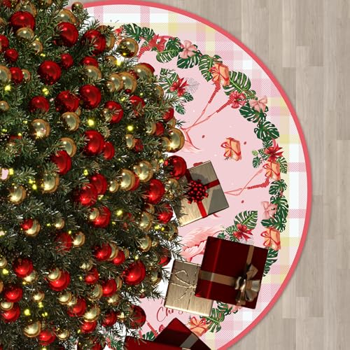 48-Inch Coastal Christmas Tree Skirt with Flamingo & Tartan Border