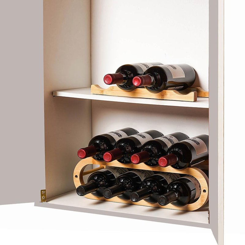 Aixboumo Wine Rack for Cabinet and Countertop - Adjustable in 2 Sizes - 3 Pack (2 Tier + 1 Tier+1 Tier) (Bamboo, Natural)