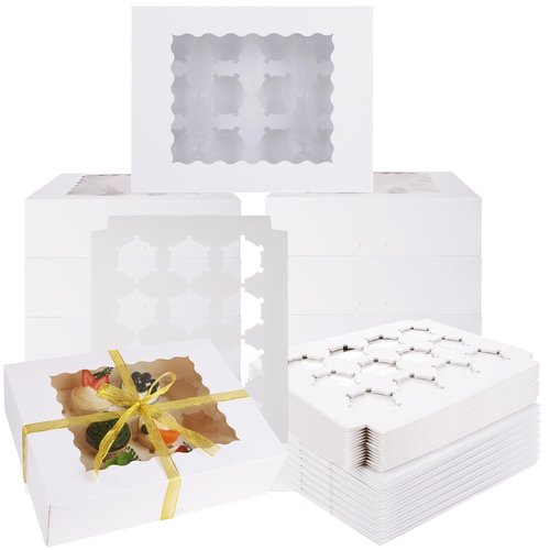 WOPPLXY 24 PCS White Cupcake Boxes, 12 Count Cupcake Containers with Window and Insert, 12.7 x 9.8 x 3.7 Inch Cupcake Holder Easy Transport and Presentation Ideal for Cupcakes, Desserts, and More