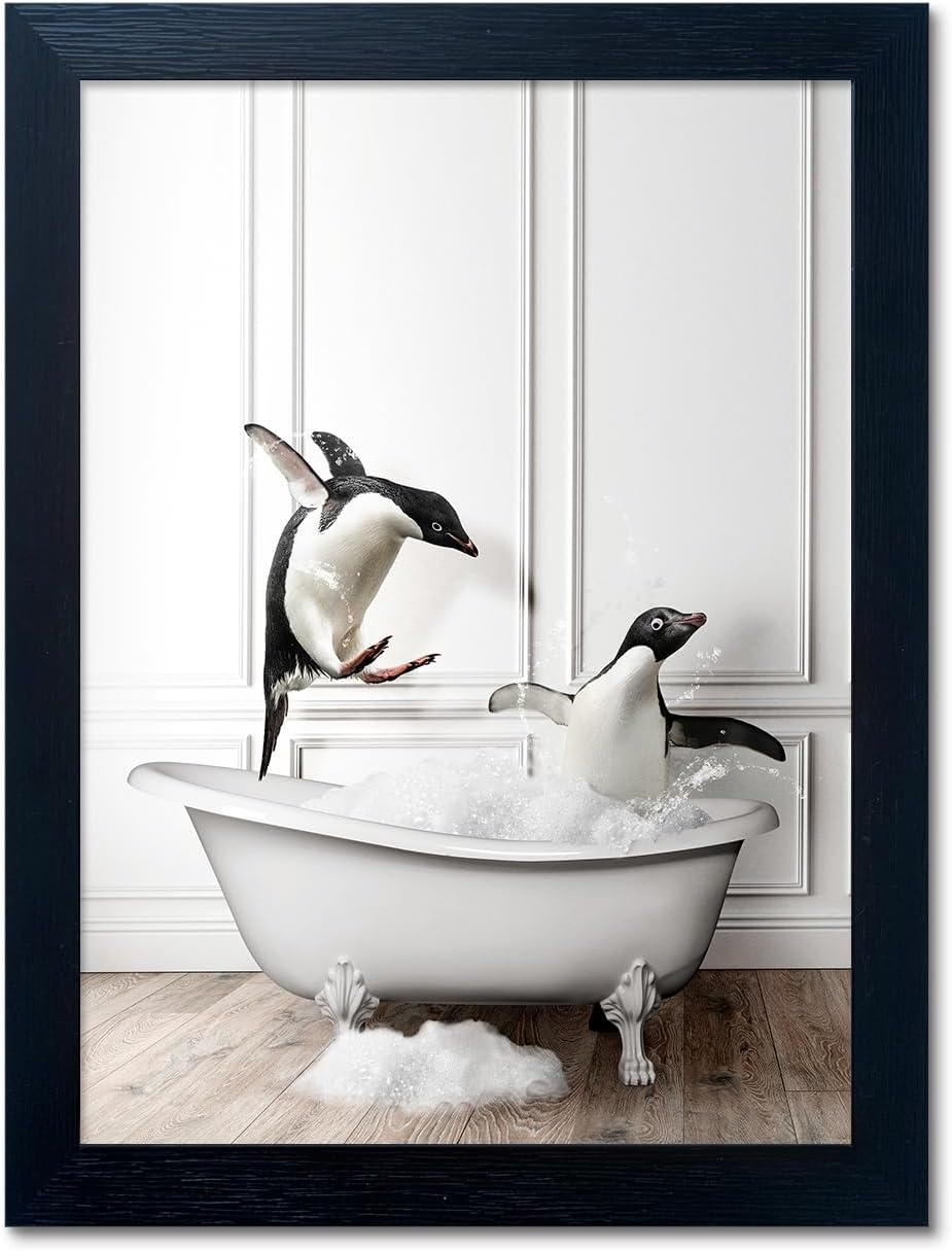Skiennix Kids Bathroom Wall Decor - Cute Penguin Canvas Print | Funny Black and White Art