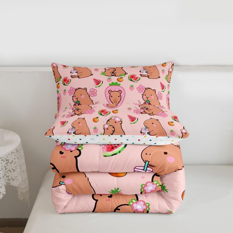 Capybara Lover Bedding Set, Capybaras Decor Comforter Set Twin For Kids Girls Bedroom, Cartoon Rodent Animals Quilted Duvet Capybara Decorations Watermelon Strawberry Duvet Insert Kawaii Decor, Pink