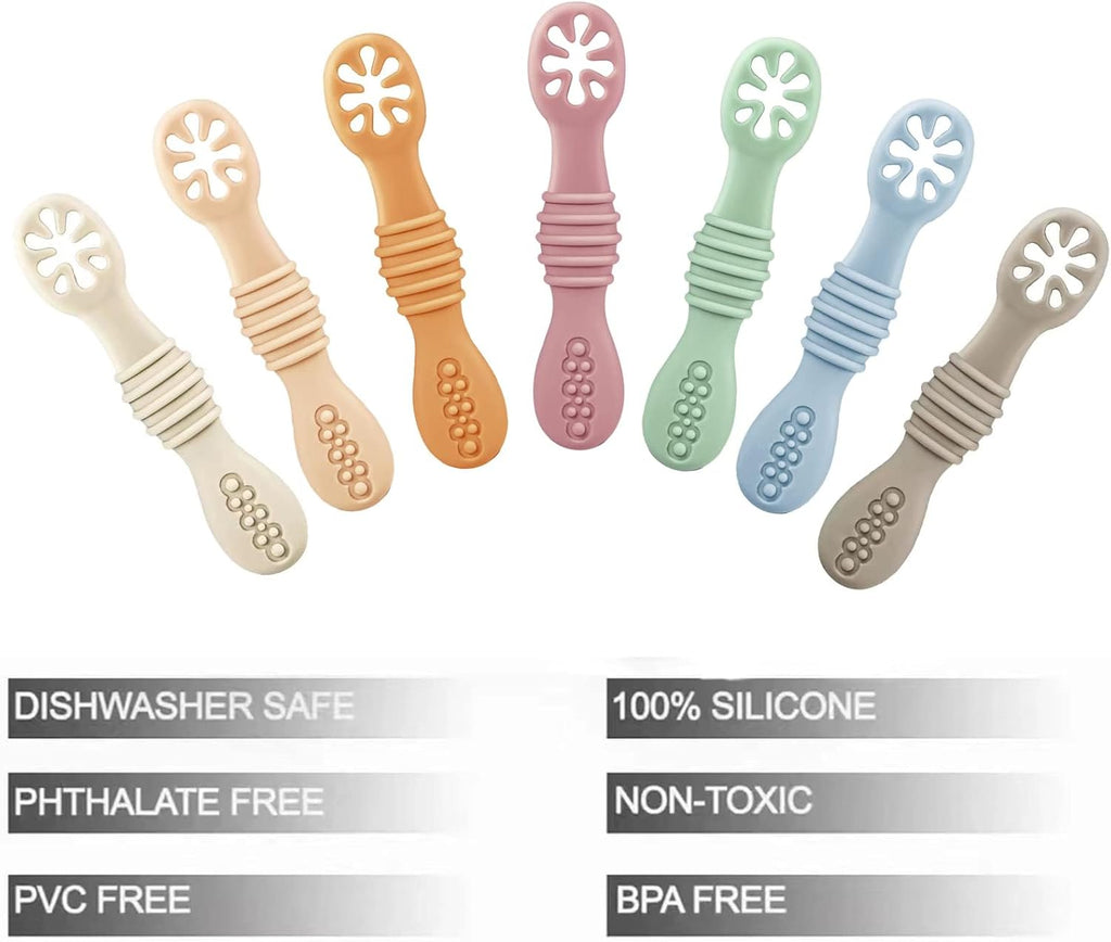 PandaEar Baby Spoons - 7 Pack Soft Silicone Self-Feeding Utensils for Toddlers | BPA-Free, Easy-Grip Handle