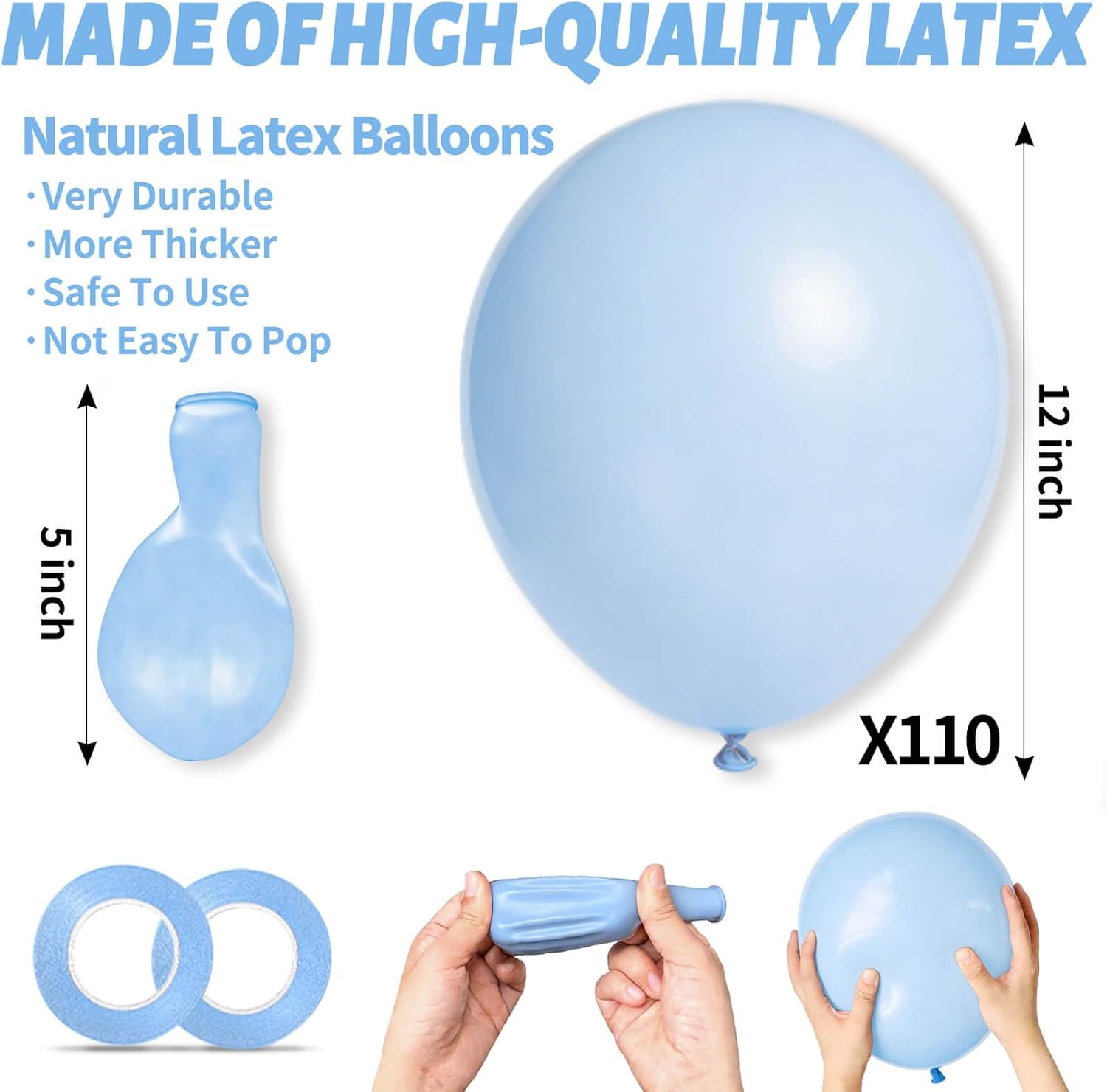 Skiennix Pastel Blue Balloons - 12 Inch Latex Balloons for Birthday Parties & Baby Showers | 110 Pack with Ribbons