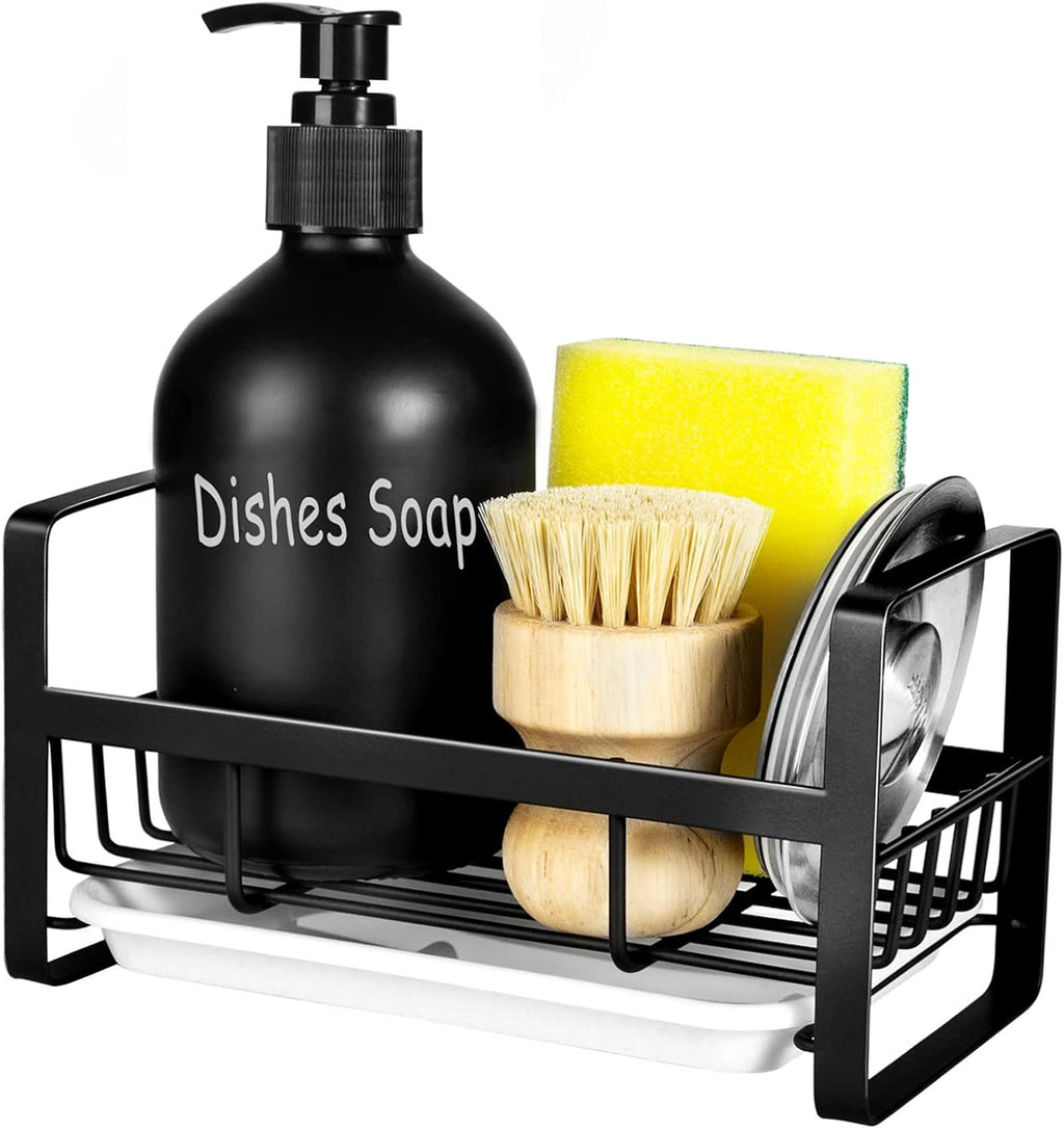 TEZZ Sponge Holder | Stainless Steel Kitchen Sink Caddy for Organizing Sponge, Brush & Soap Dish - Black