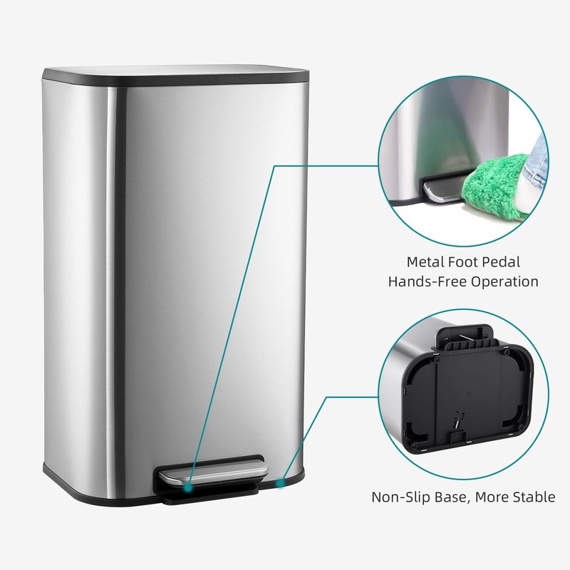 GlowSol Kitchen Trash Can with Lid, 8 Gallon Stainless Steel Garbage Can, Rectangular Step On Waste Bin with Foot Pedal & Inner Bucket, Quiet Close, for Kitchen Office