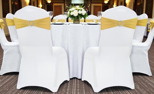MDS-MEGADECORSUPPLY Chair Sashes - 100 Pack Gold Spandex Stretch Covers with Buckle Slider for Weddings & Events
