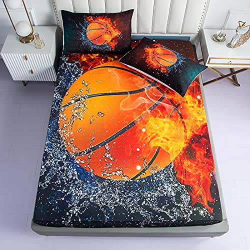 Basketball Twin Fitted Sheet Set - Ice Flame Galaxy Bedding for Kids