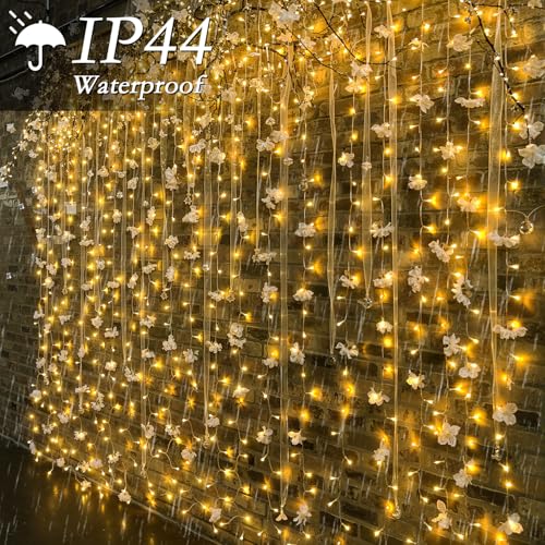 300 LED Warm White Curtain String Lights - 9.8x9.8FT, 8 Modes & Timer
