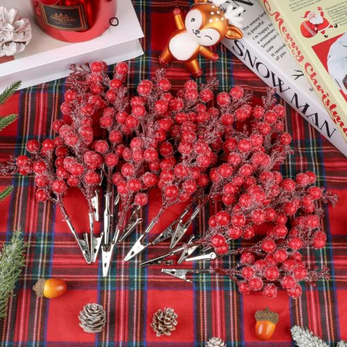 Fangoo 20Pcs Artificial Snowy Red Berry Stems with Clips – Snow Red-15berry
