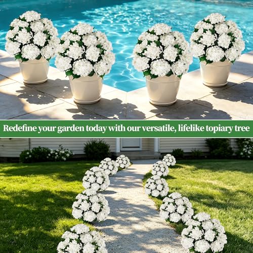 33" Artificial Hydrangea Topiary Ball Trees - 2 Pack UV Resistant Faux Shrubs