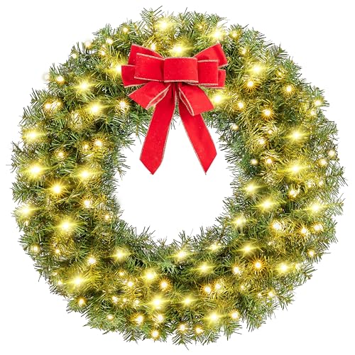 Yaheetech 30in Artificial Christmas Wreath with Pre-lit LED Lights & Red Bow - Holiday Decor