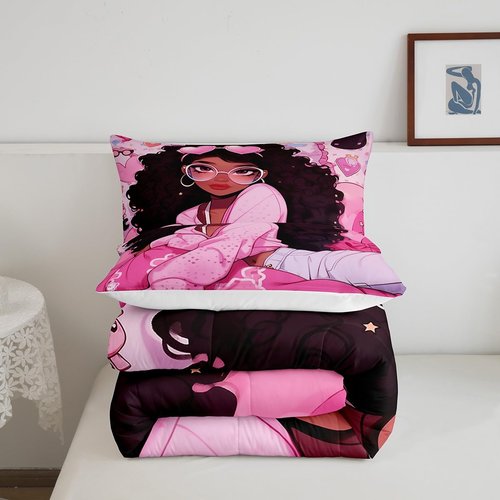 Manfei Black Princess Girly Kids Comforter Set Twin Size,Cartoon Love Heart Print Bedding Set,Girls Women Room Decor,African American Little Girls Down Comforter,Pink Dreamy Duvet Insert,1 Pillowcase