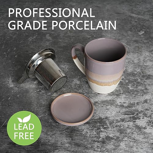 Bosmarlin 16oz Ceramic Tea Mug with Infuser, Lid & Reactive Glaze - Purple