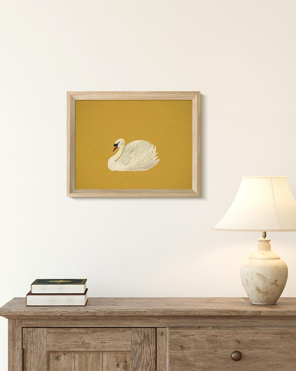 VIYYIEA Minimalist White Swan Wall Art - Modern Mustard Yellow Canvas Print, 11x14 Inch Natural Wood Frame