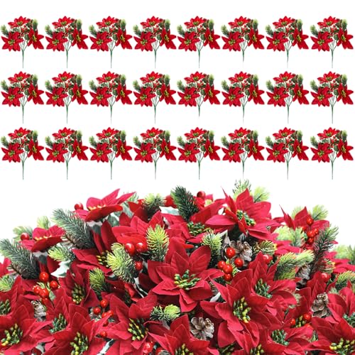 Agusbagli 24 Pcs Red & Green Artificial Christmas Poinsettia Flowers 12" Faux Floral Bouquet for Holiday Decor