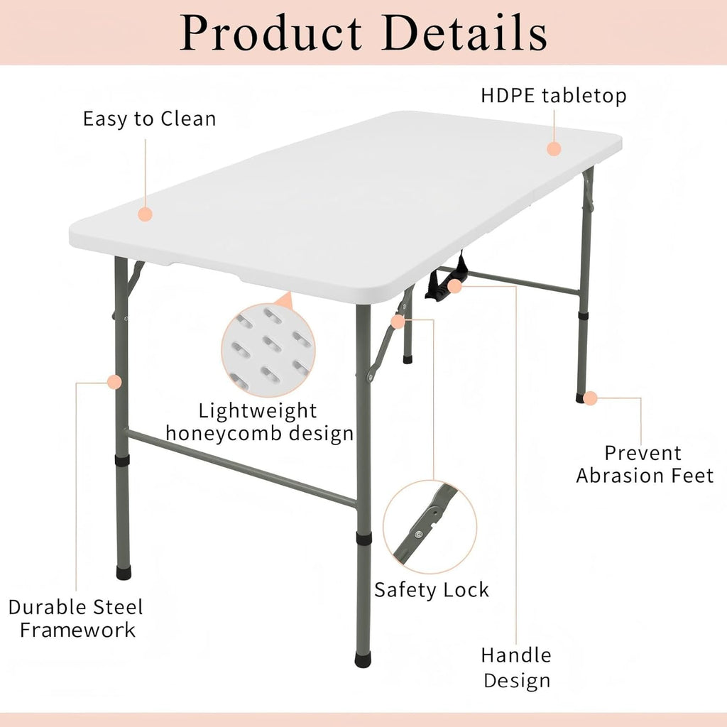 Skiennix Folding Table - Lightweight Portable Rectangular Design with Carrying Handle | 4 FT, White for Indoor/Outdoor Use