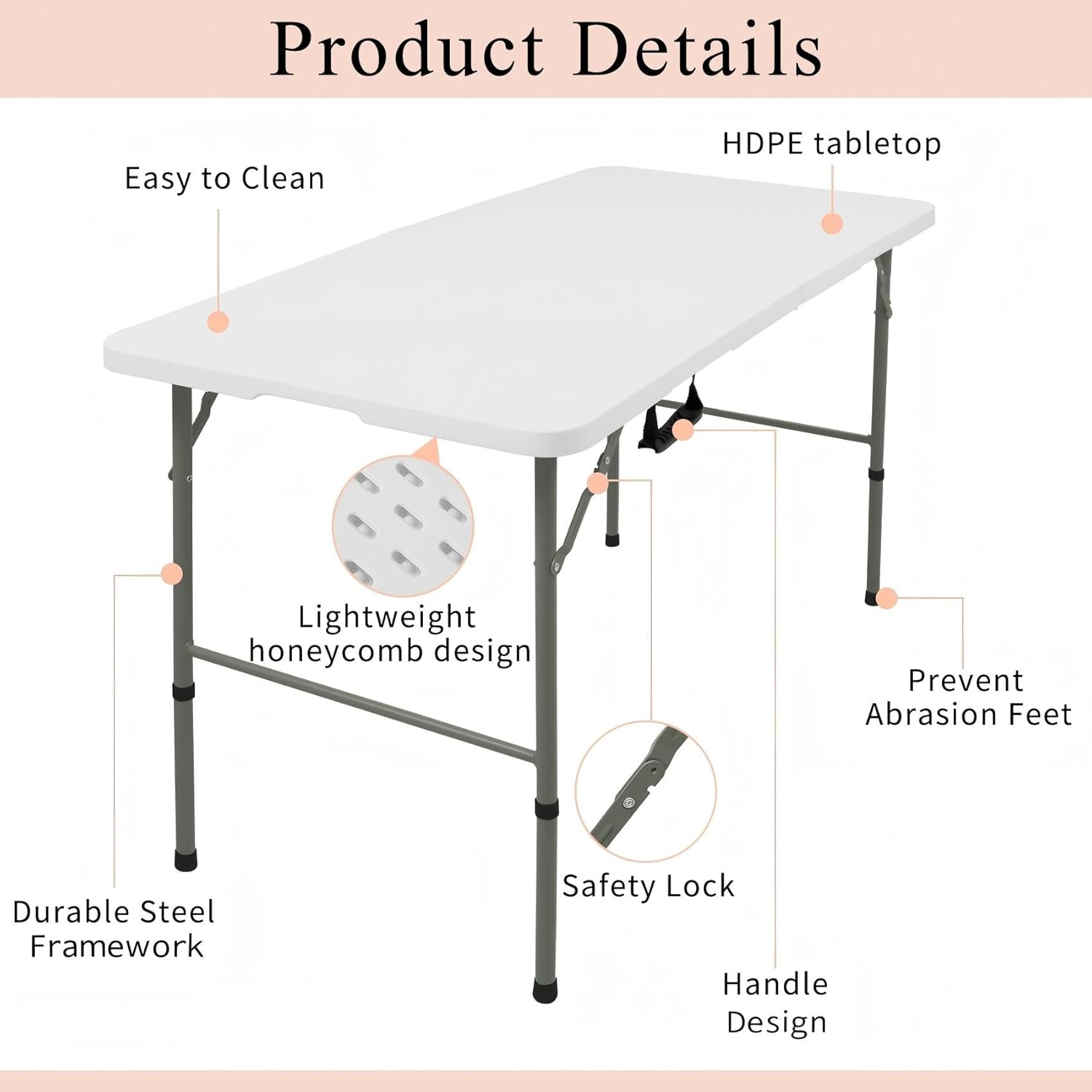 Skiennix Folding Table - Lightweight Portable Rectangular Design with Carrying Handle | 4 FT, White for Indoor/Outdoor Use