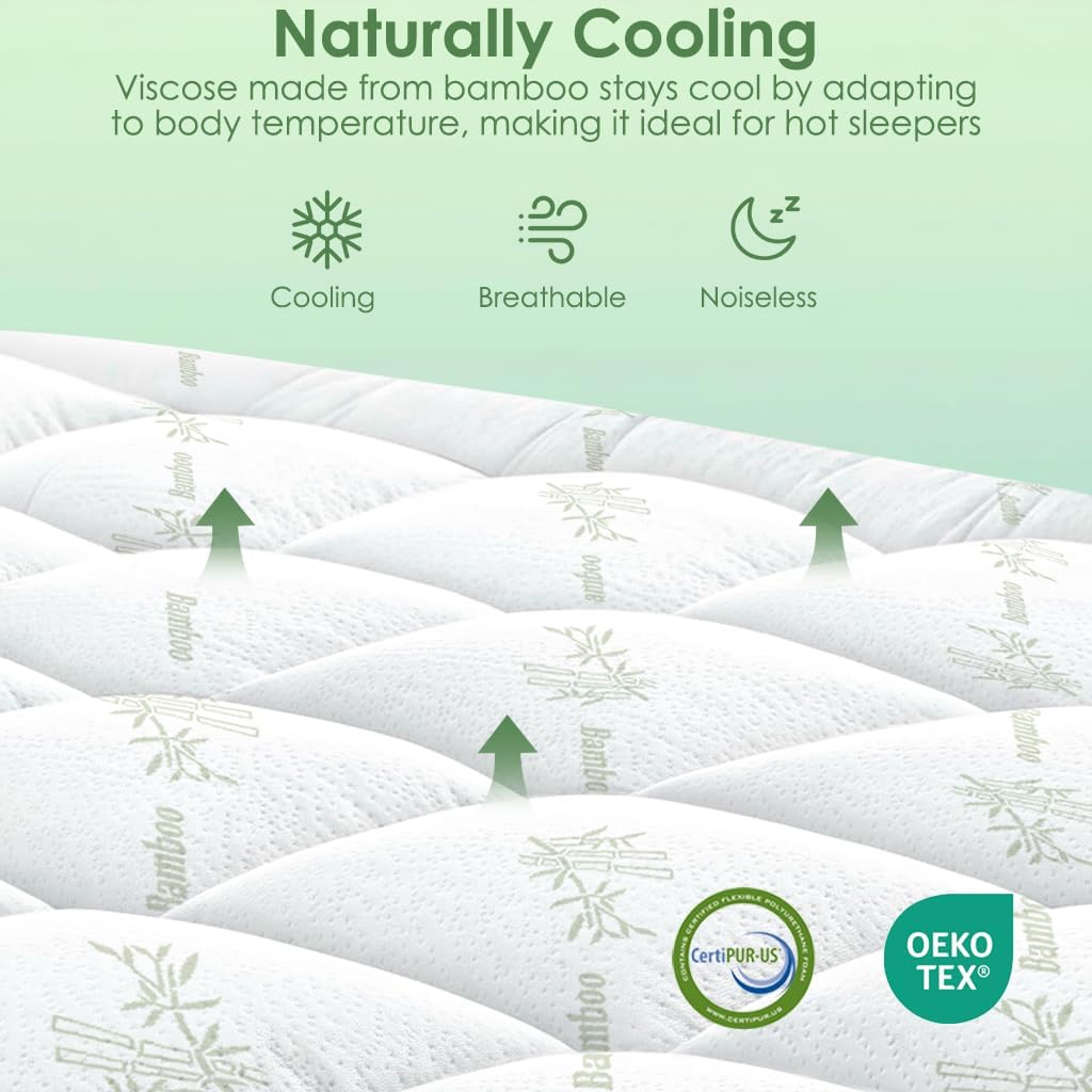 Skiennix Queen Mattress Topper - Cooling Bamboo Viscose Pillow Top Pad | Deep Pocket for 8"-18" Mattresses, Green