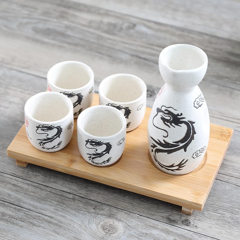 JapanBargain Porcelain Sake Set 5 oz White Dragon Design Microwave Safe