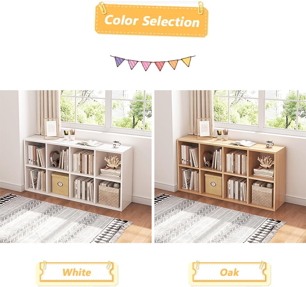 NELYE 8 Cube Organizer Bookcase - Stylish White Fabric Storage Bins & Open Shelf Design